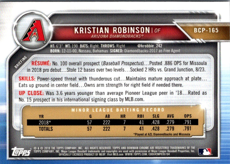 2019 Bowman Chrome Prospects Kristian Robinson