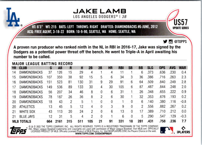 2022 Topps Update Jake Lamb