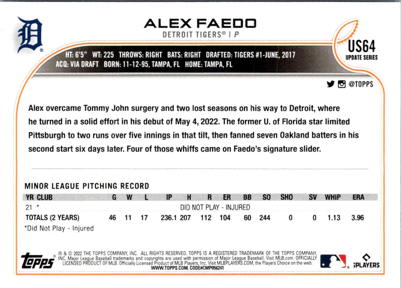 2022 Topps Update Alex Faedo