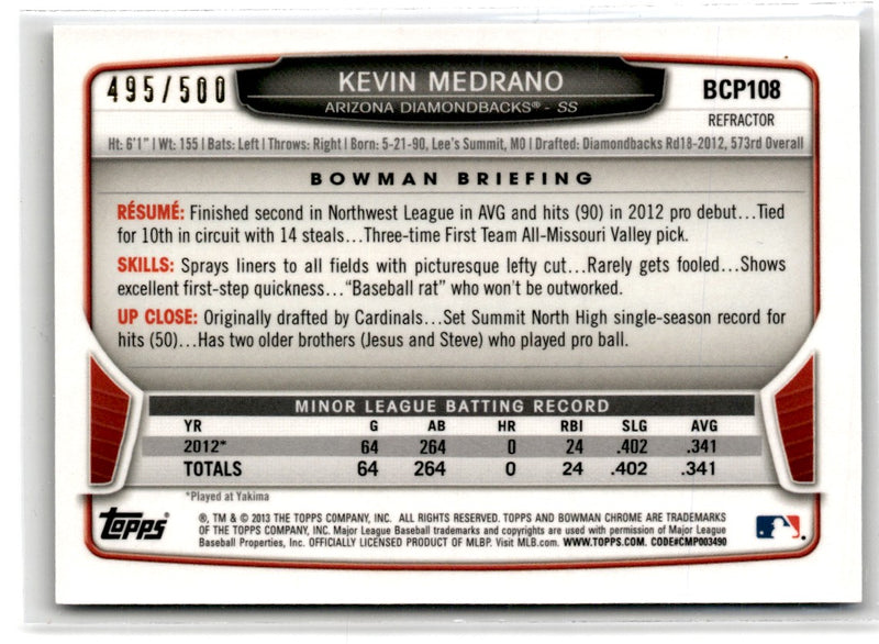 2013 Bowman Chrome Prospects Refractors Kevin Medrano