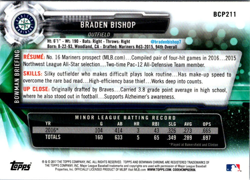 2017 Bowman Chrome Prospects Braden Bishop