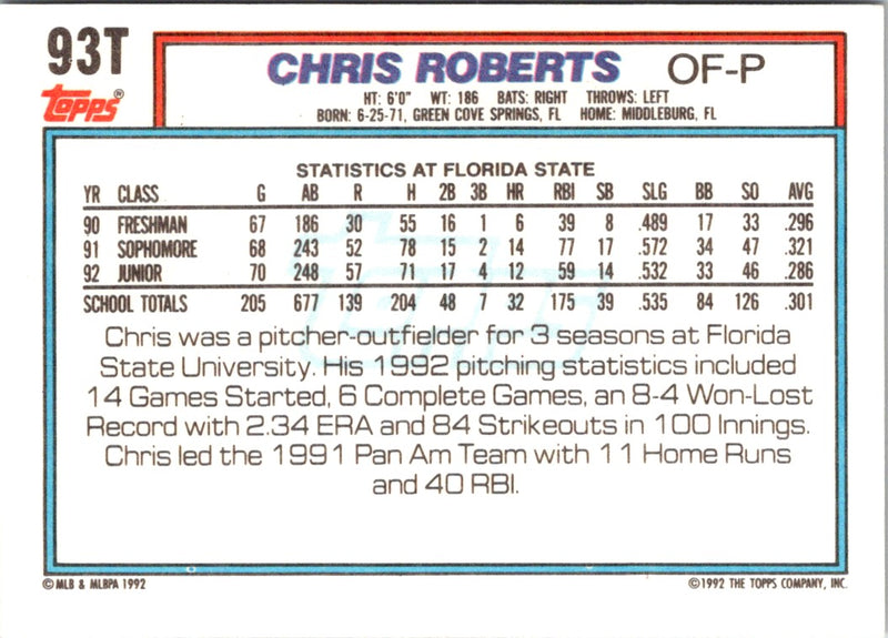 1992 Topps Traded Chris Roberts