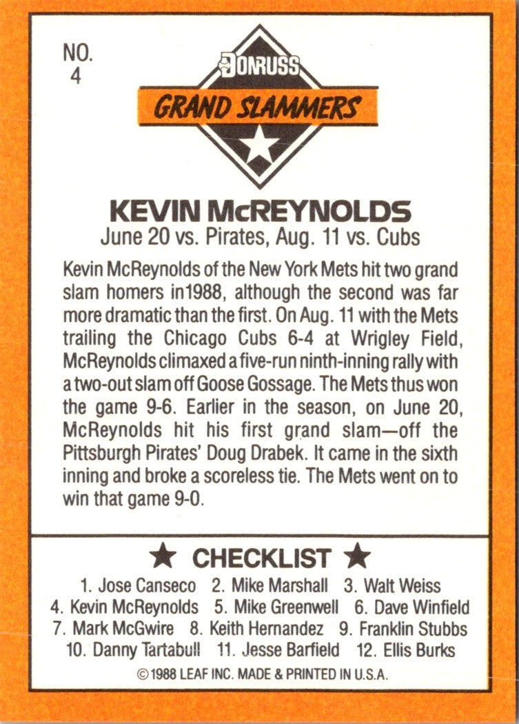 1989 Donruss Leaf Blue Chips Kevin McReynolds