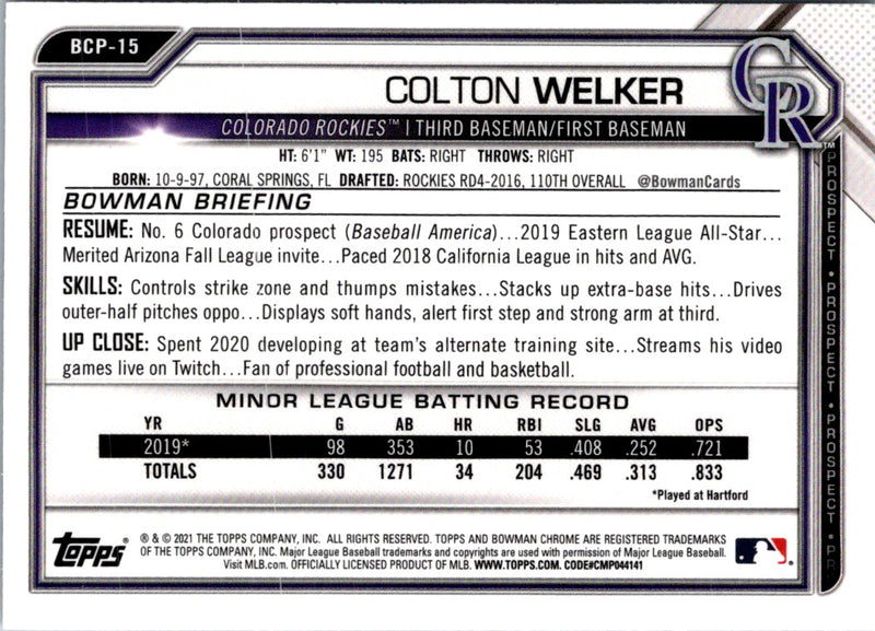 2021 Bowman Chrome Prospects Colton Welker