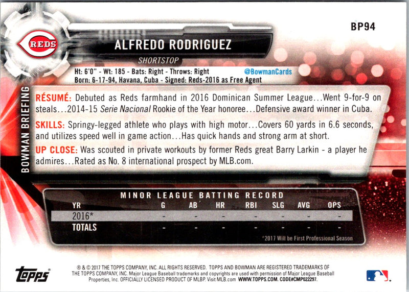 2017 Bowman Prospects Alfredo Rodriguez