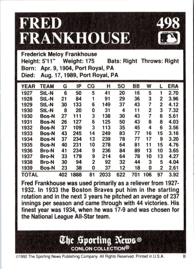 1992 Conlon Collection TSN Fred Frankhouse