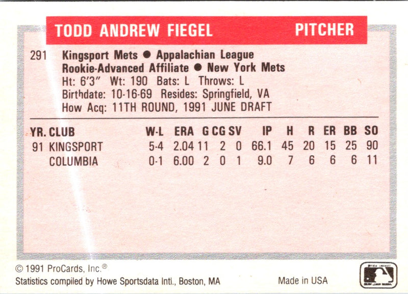 1991 ProCards Tomorrow's Heroes Todd Fiegel