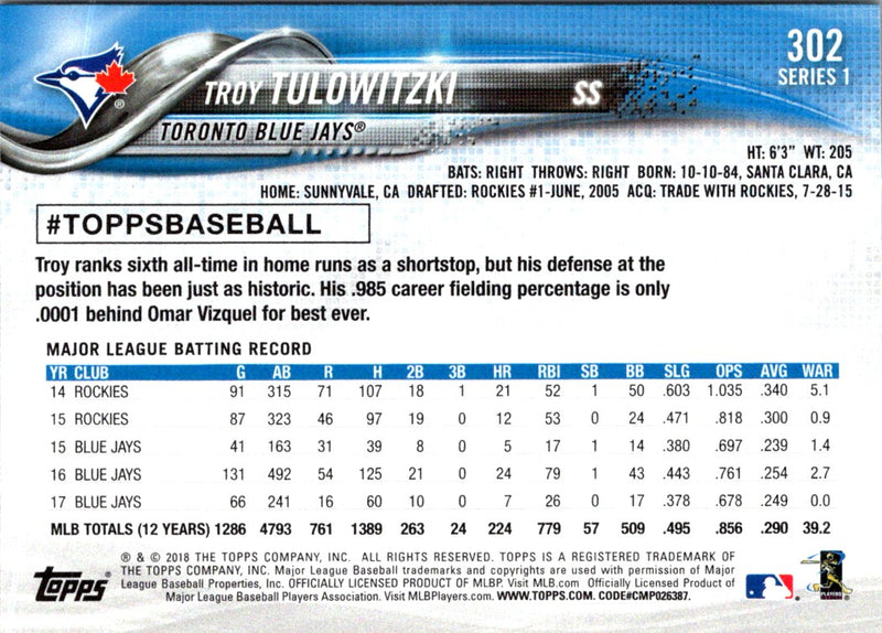 2018 Topps Troy Tulowitzki