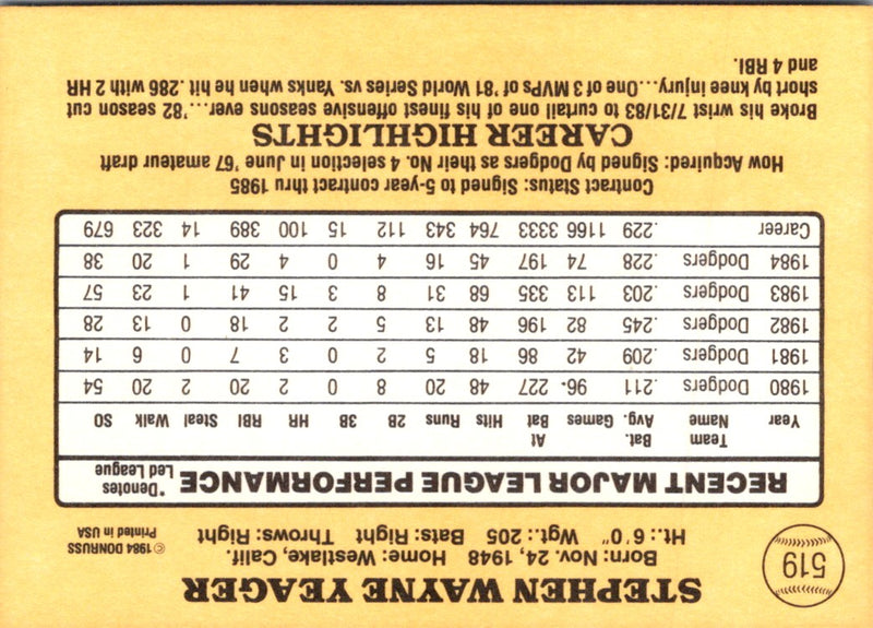 1985 Donruss Steve Yeager