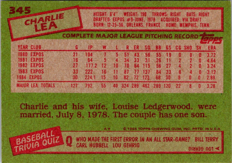 1985 Topps Charlie Lea