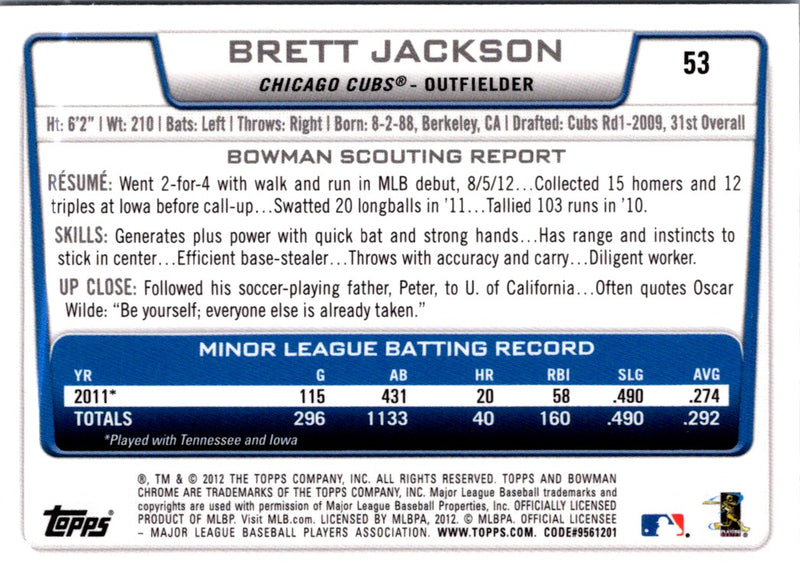 2012 Bowman Draft Picks & Prospects Chrome Brett Jackson