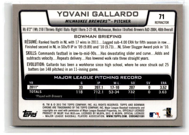 2012 Bowman Chrome Yovani Gallardo