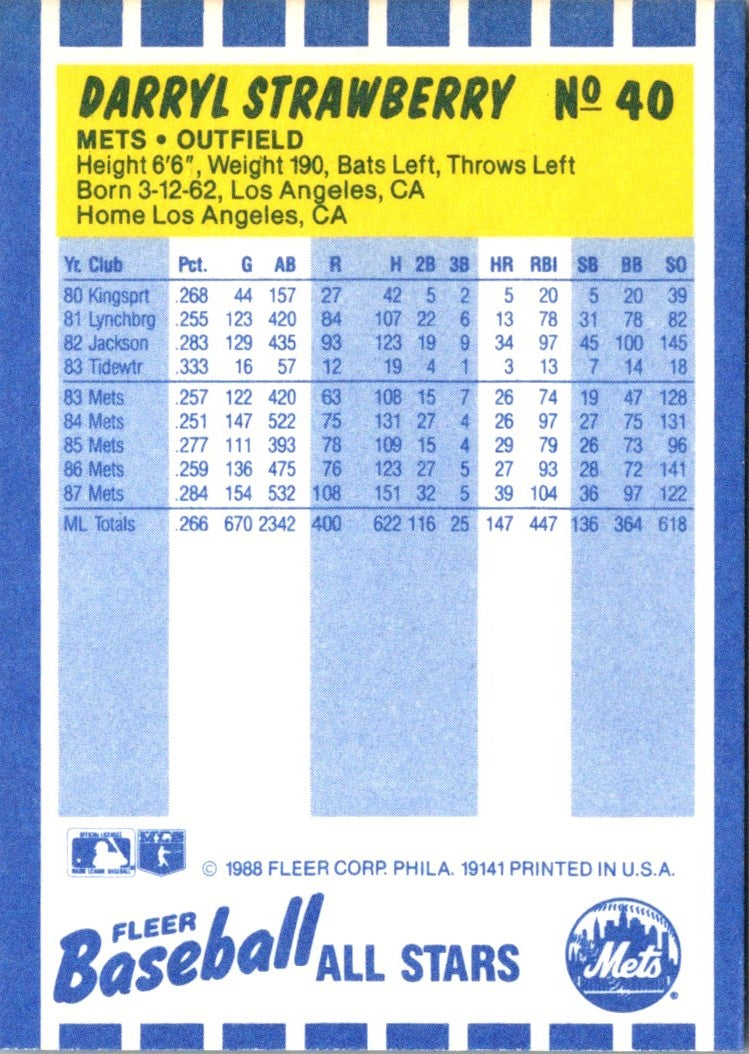 1988 Fleer Baseball All-Stars Darryl Strawberry