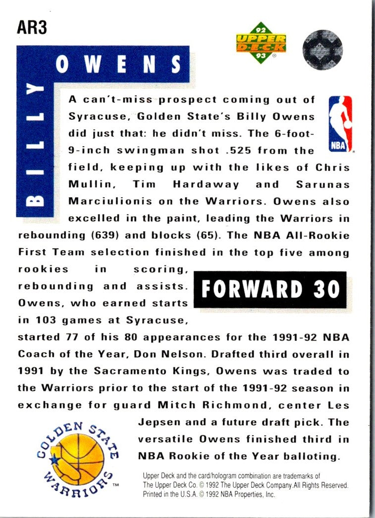 1992 Upper Deck All-Rookie Team Billy Owens