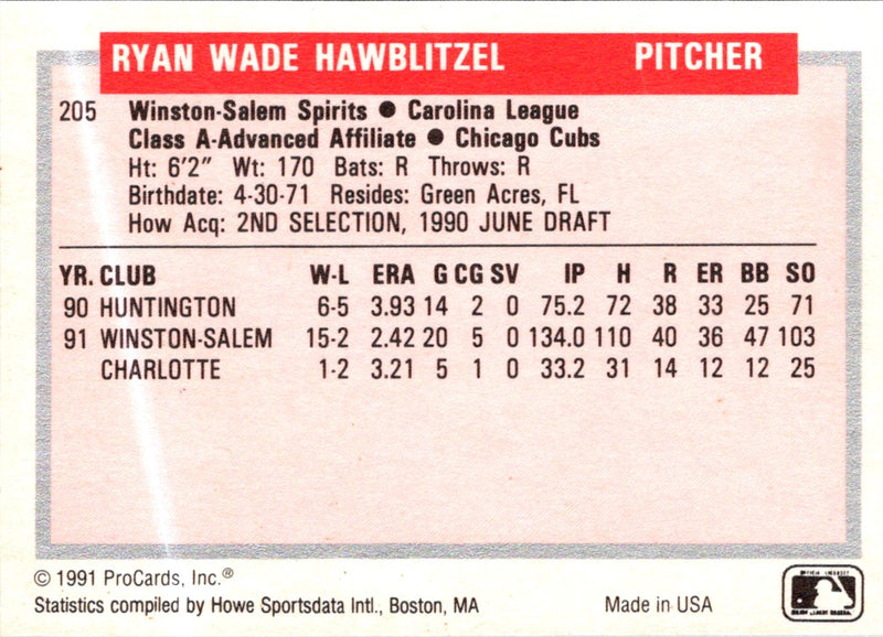 1991 ProCards Tomorrow's Heroes Ryan Hawblitzel