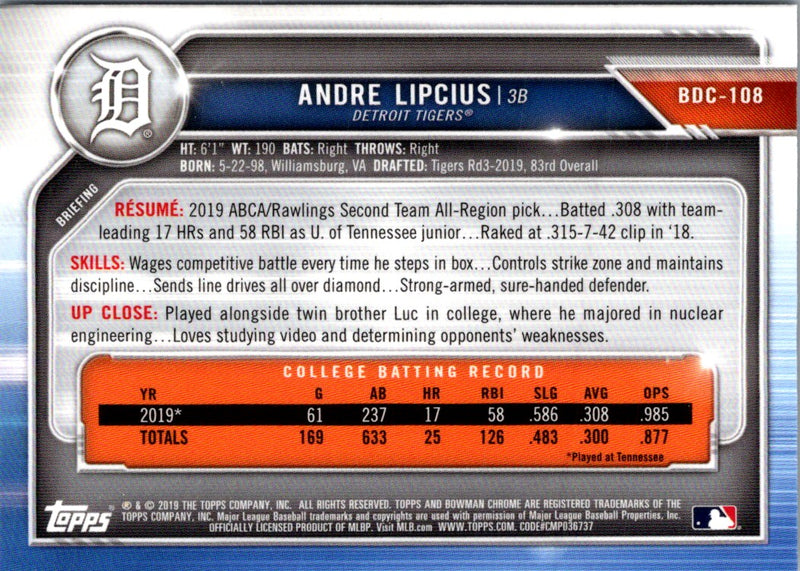 2019 Bowman Draft Chrome Andre Lipcius