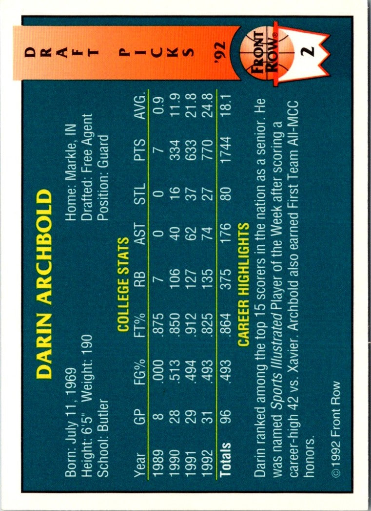 1992 Front Row Draft Picks Darin Archbold