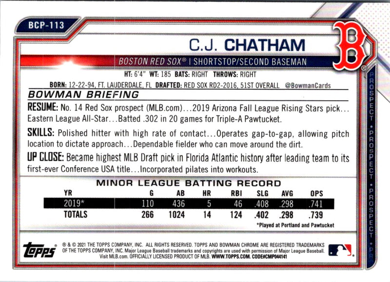 2021 Bowman Chrome Prospects C.J. Chatham