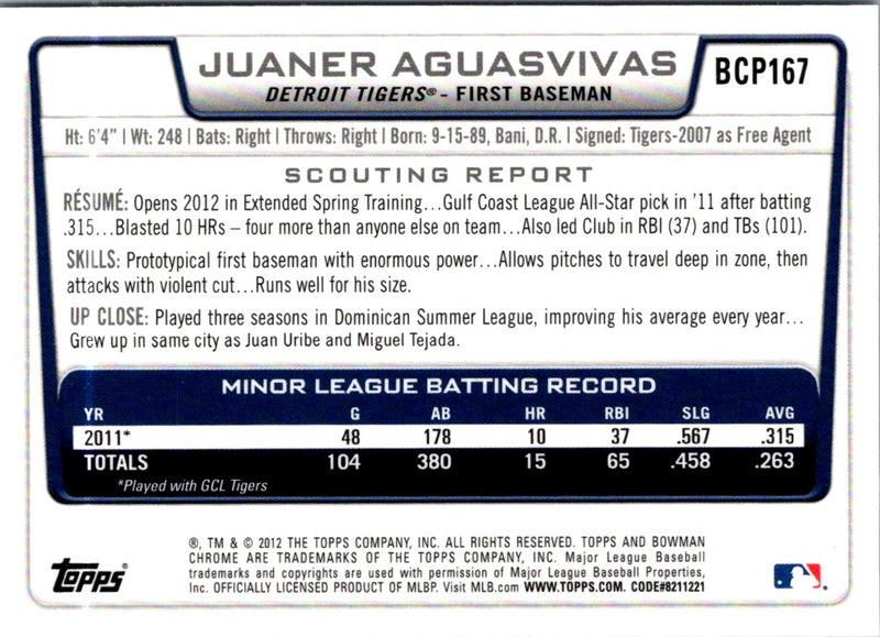 2012 Bowman Chrome Prospects Juaner Aguasvivas