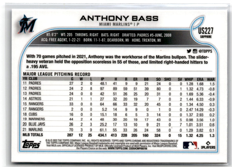 2022 Topps Chrome Update Sapphire Edition Anthony Bass