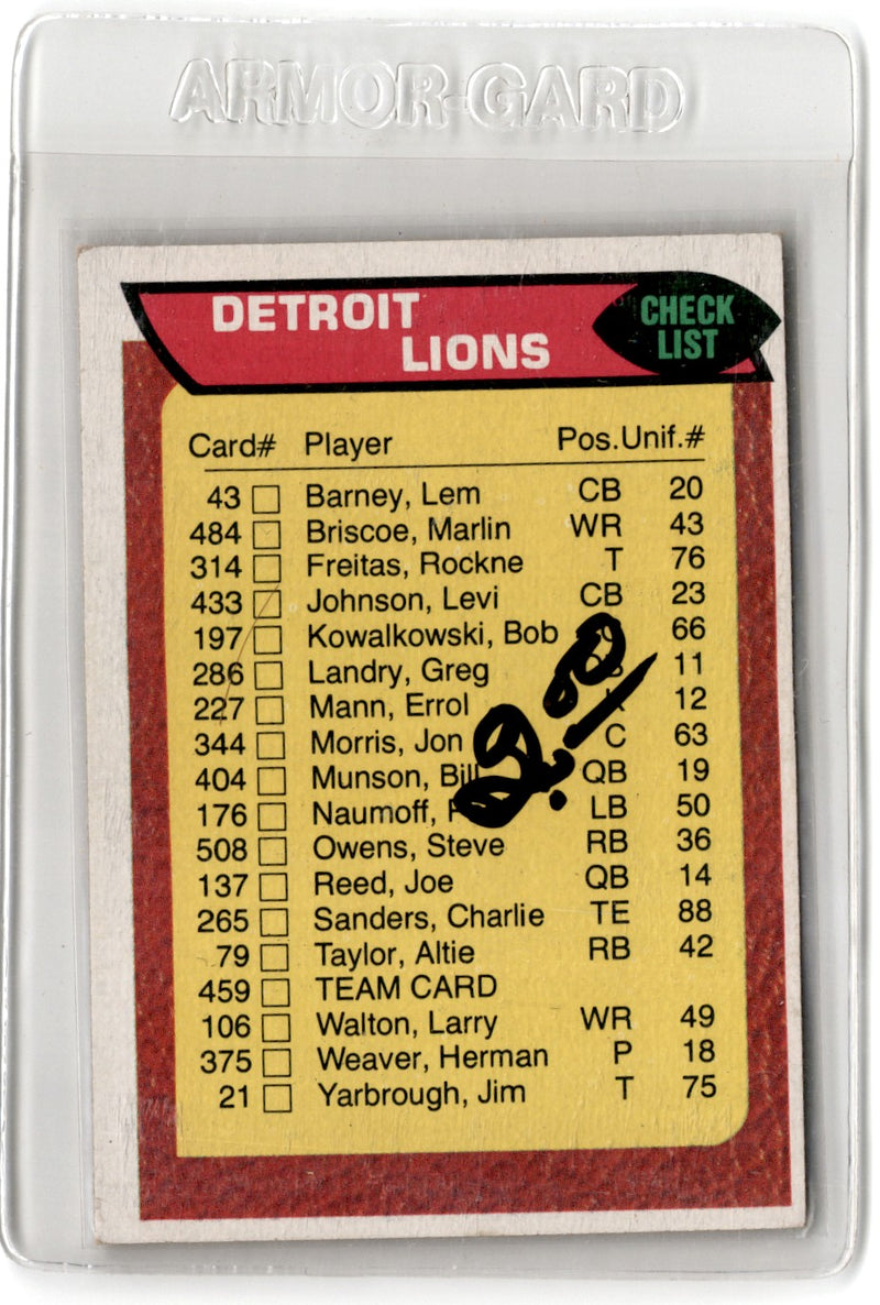 1976 Topps Detroit Lions