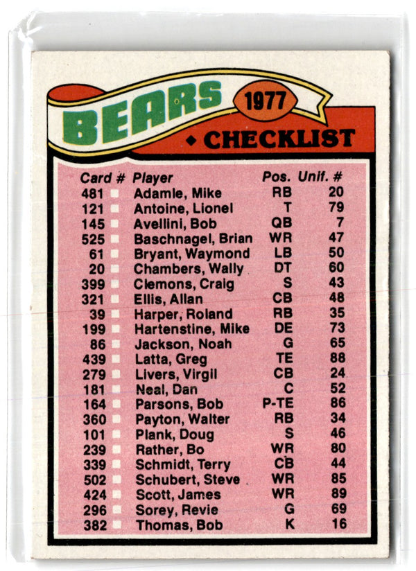 1977 Topps Team Checklists Checklist Chicago Bears #204