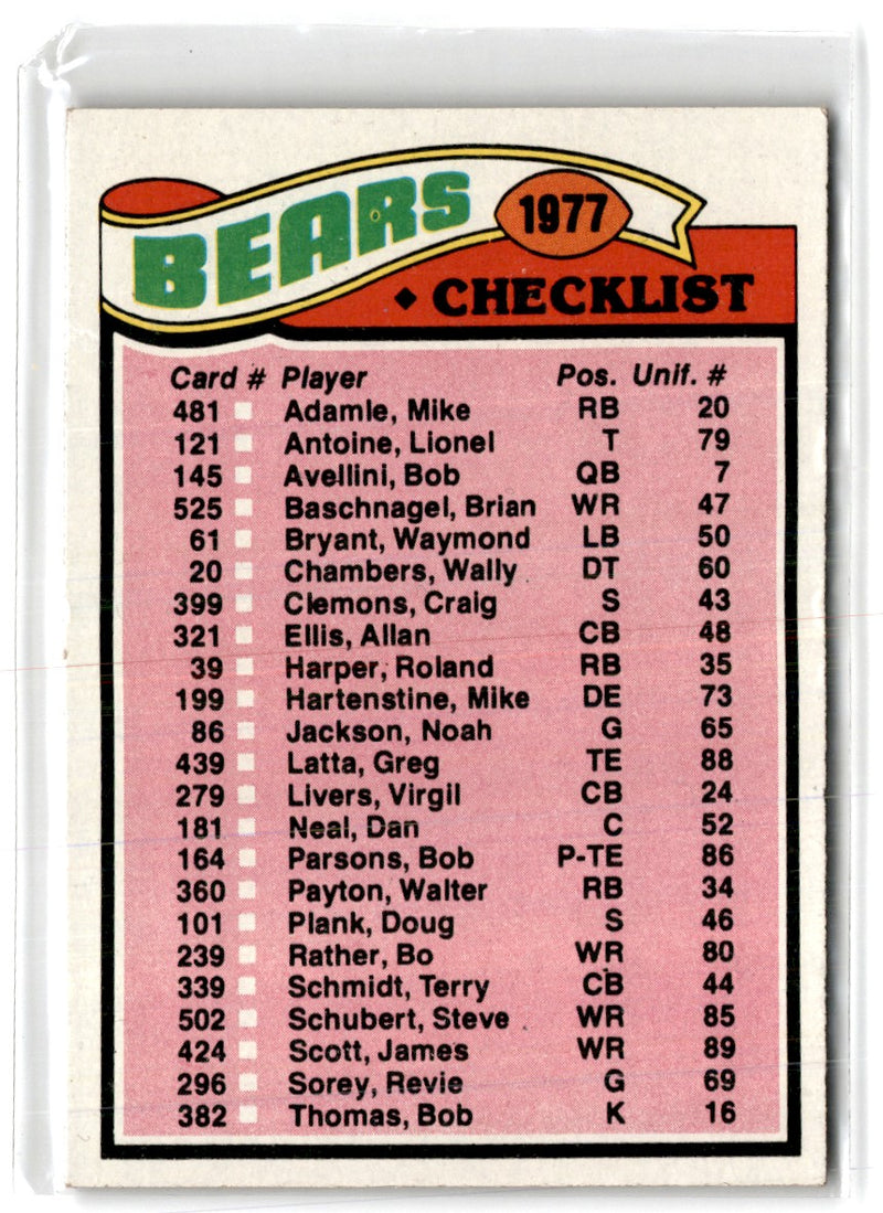 1977 Topps Team Checklists Checklist Chicago Bears