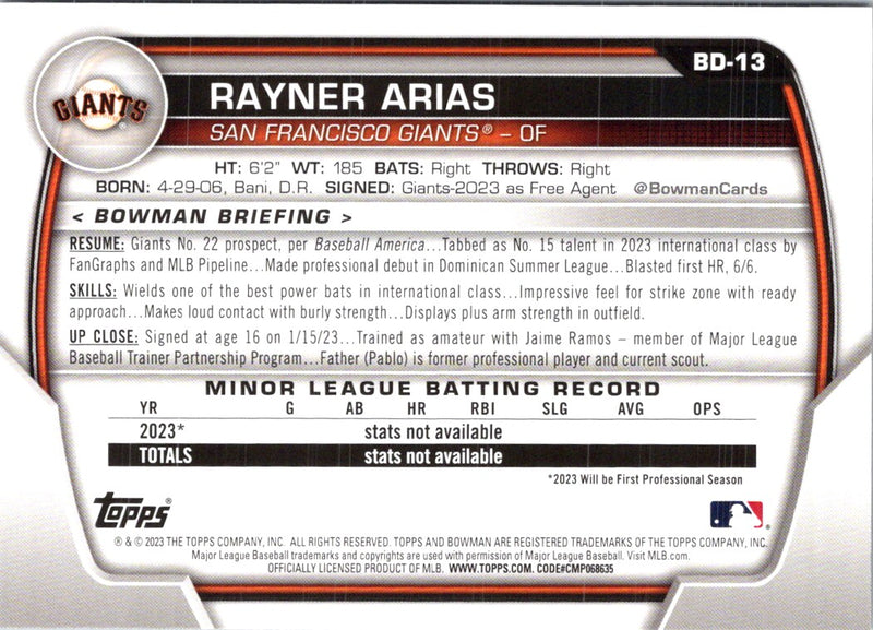 2023 Bowman Draft Rayner Arias