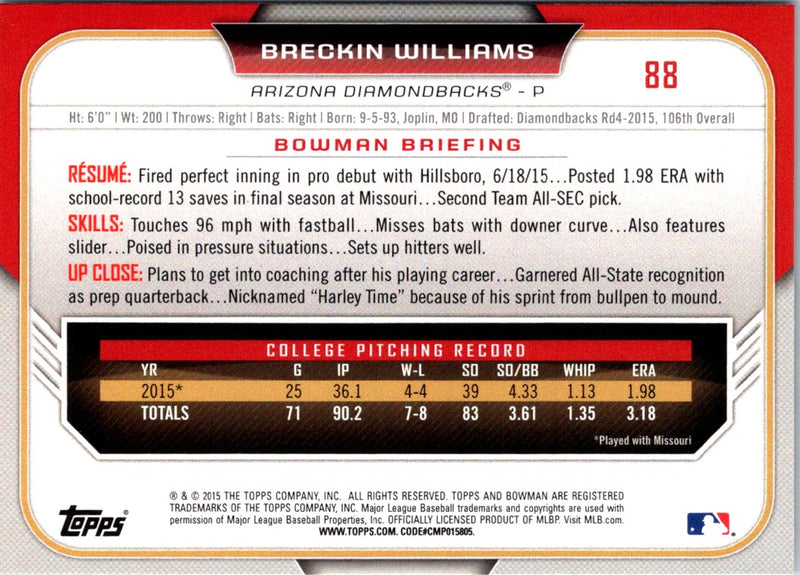 2015 Bowman Draft Picks & Prospects Breckin Williams