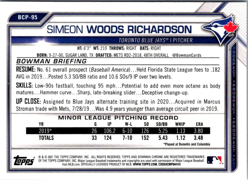 2021 Bowman Chrome Prospects Simeon Woods Richardson