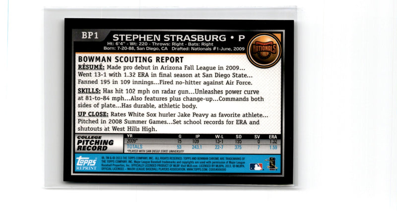 2013 Bowman Draft Picks & Prospects Blue Sapphire Rookie Reprint Refractors Stephen Strasburg