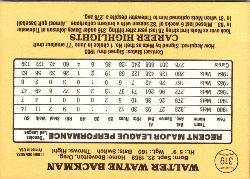 1985 Donruss Wally Backman
