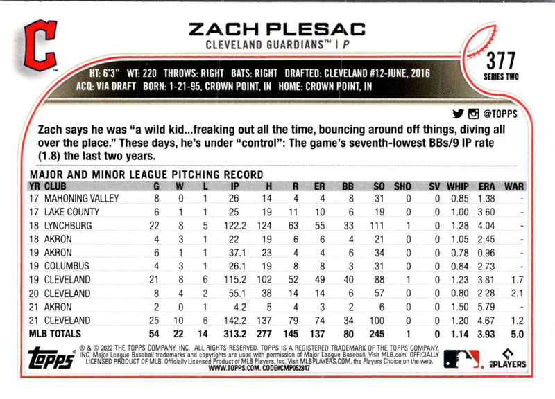 2022 Topps Zach Plesac