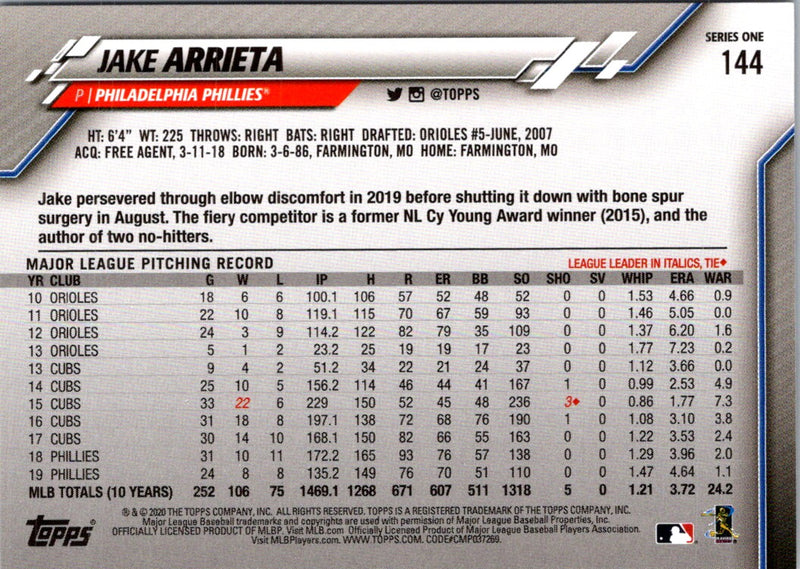 2020 Topps Jake Arrieta