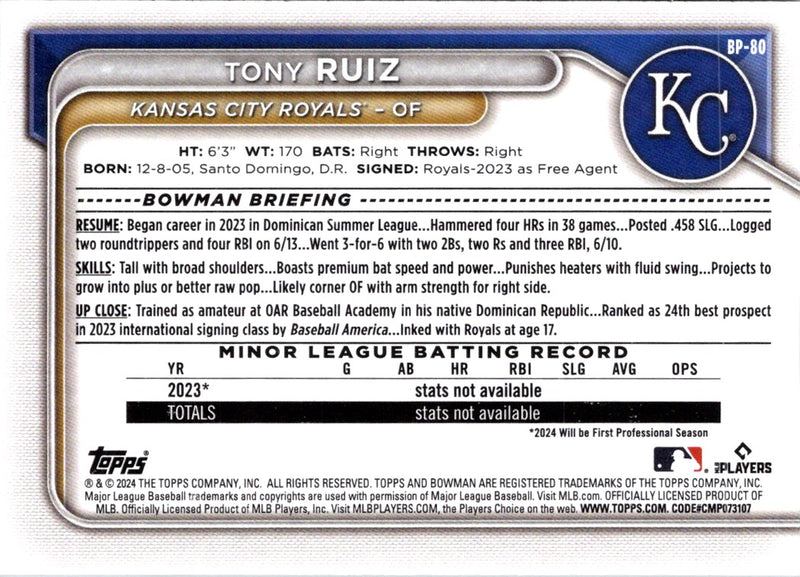 2024 Bowman Prospects Tony Ruiz