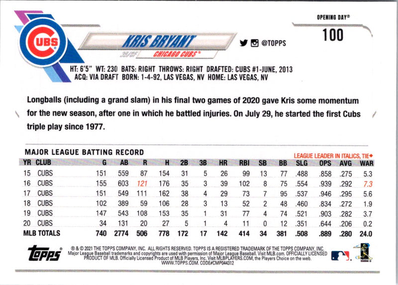 2021 Topps Opening Day Kris Bryant