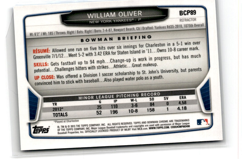 2013 Bowman Chrome Prospects Blue Wave William Oliver