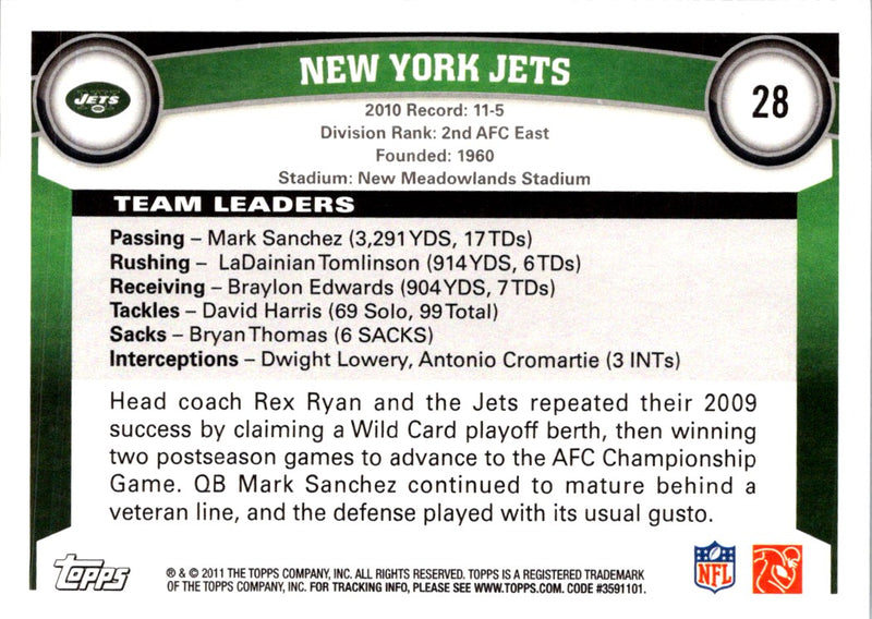 2011 Topps New York Jets (Mark Sanchez/Santonio Holmes/Braylon Edwards)
