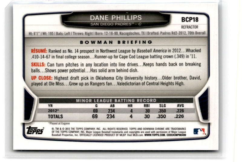 2013 Bowman Chrome Prospects Blue Wave Dane Phillips