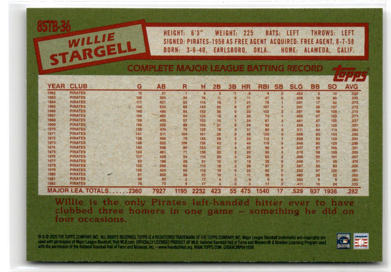 2020 Topps Update 1985 Baseball 35th Anniversary Willie Stargell