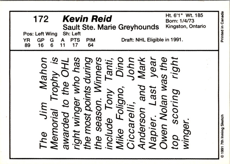 1990 7th Inning Sketch OHL Kevin Reid