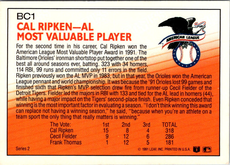 1992 Donruss Bonus Cards Cal Ripken Jr.