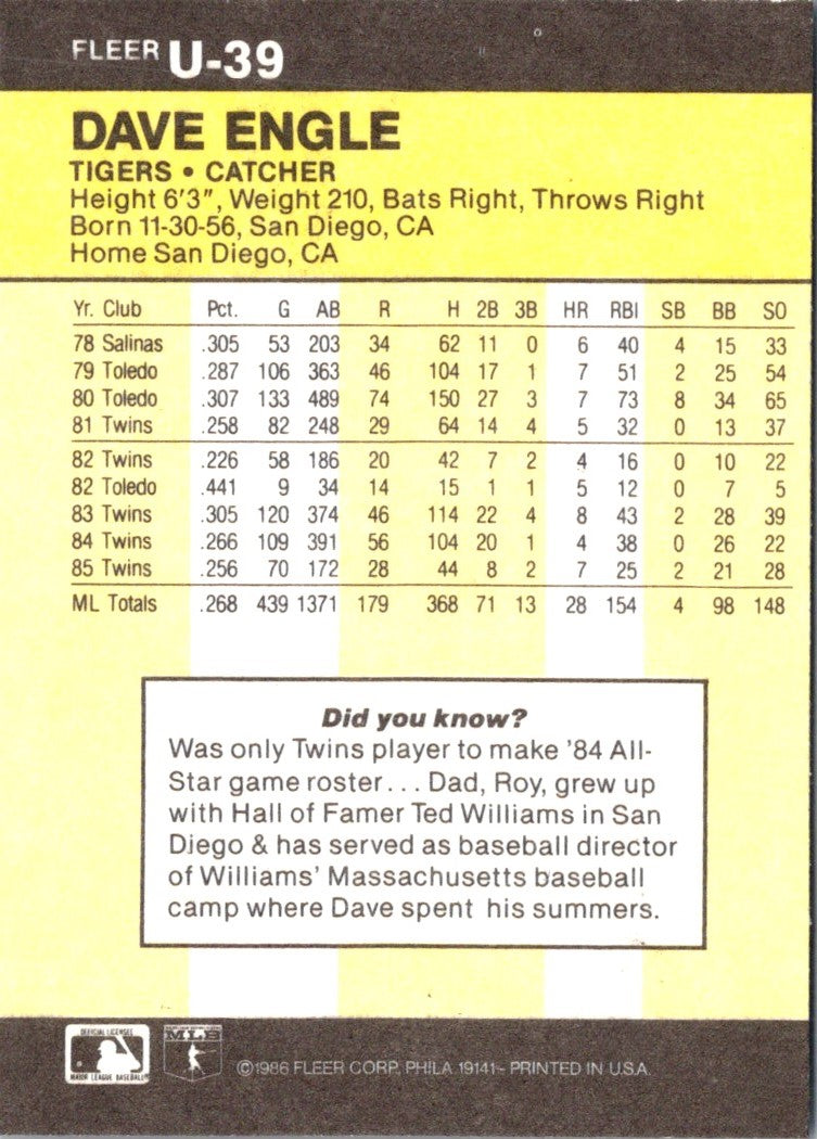 1986 Fleer Update Dave Engle