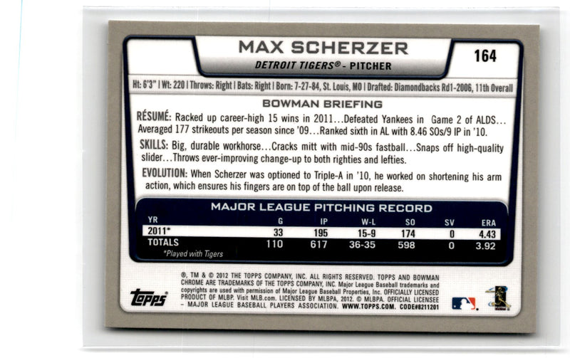 2012 Bowman Chrome Max Scherzer