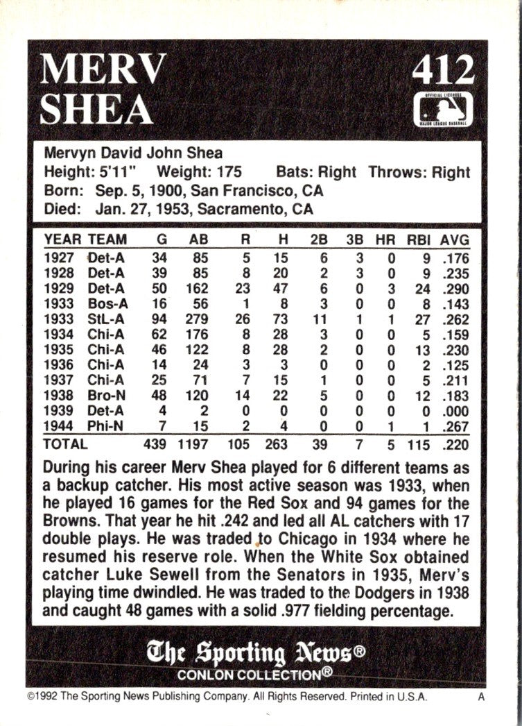 1992 Conlon Collection TSN Merv Shea