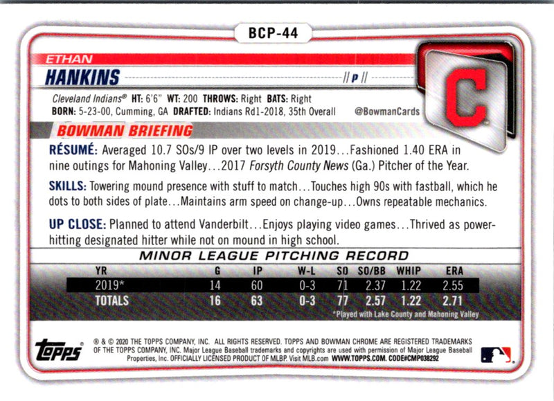 2020 Bowman Chrome Prospects Ethan Hankins