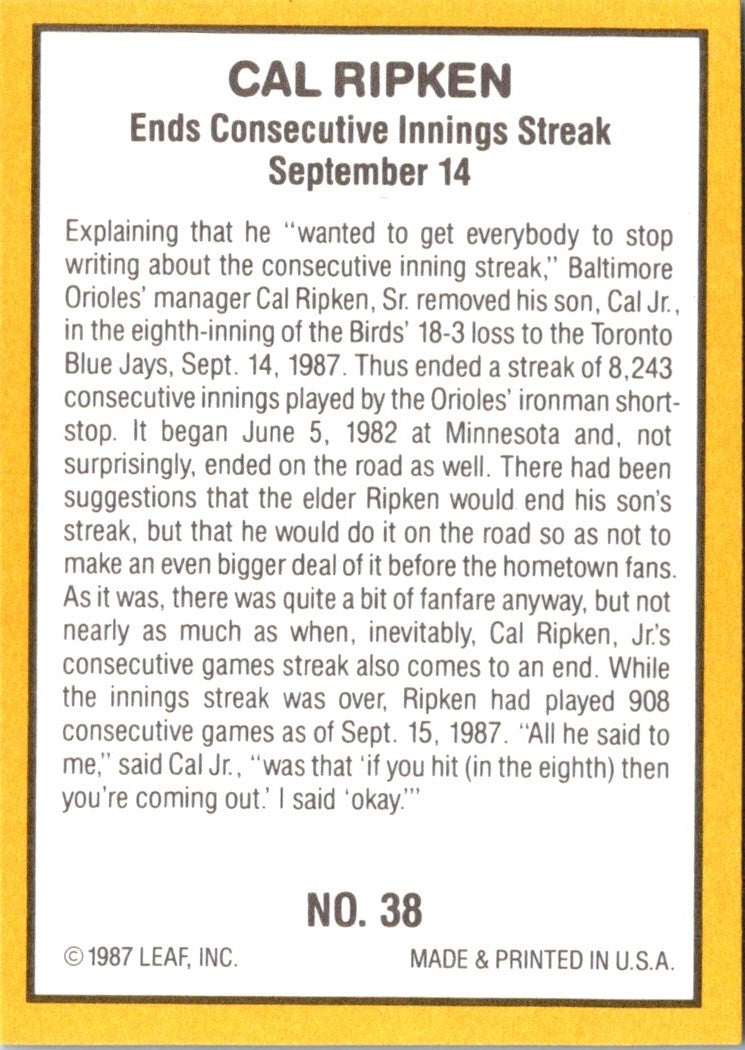 1987 Donruss Highlights Cal Ripken