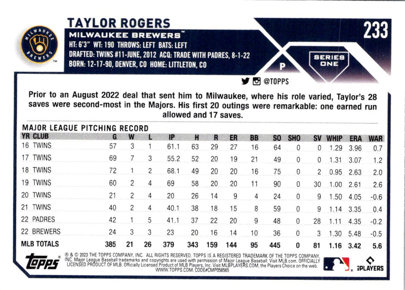 2023 Topps Gold Taylor Rogers