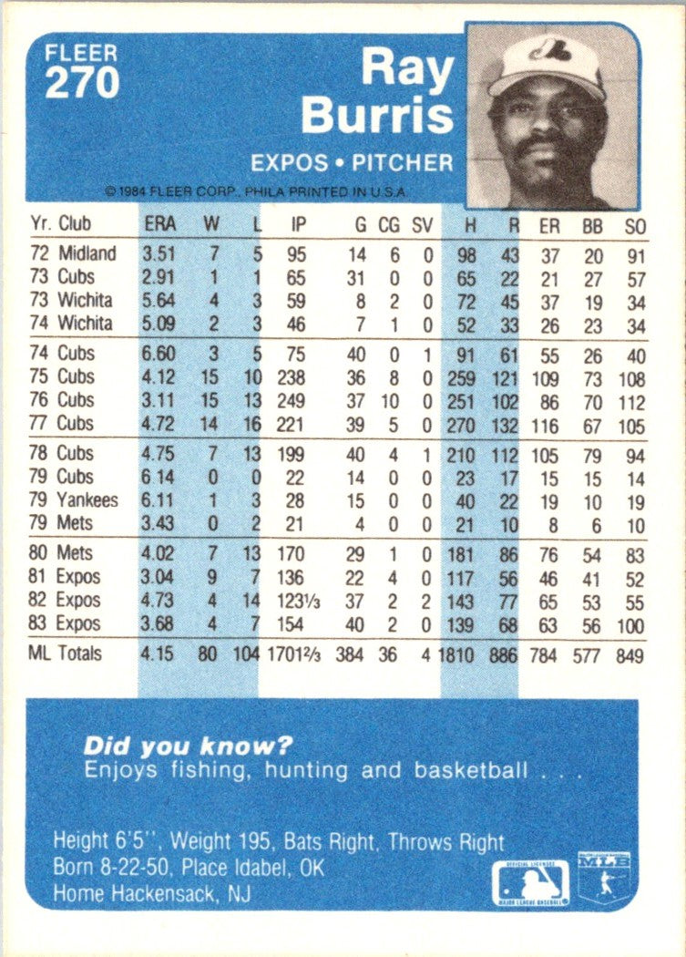 1984 Fleer Ray Burris