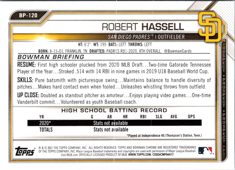 2021 Bowman Prospects Robert Hassell